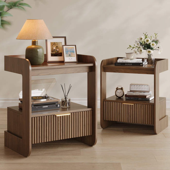 UGTOO 17.7In Modern C-Shaped Nightstand | Fluted End Table with Drawer