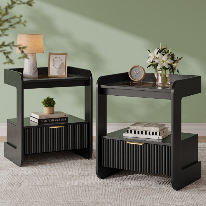 UGTOO 17.7In Modern C-Shaped Nightstand | Fluted End Table with Drawer