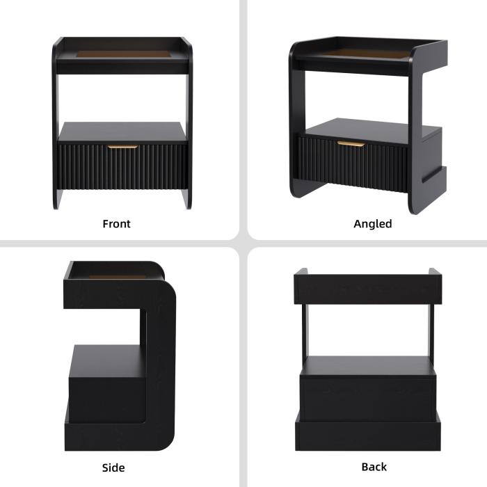 UGTOO 17.7In Modern C-Shaped Nightstand | Fluted End Table with Drawer