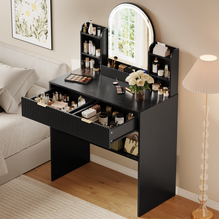 UGTOO 30.3In Compact Vanity Desk with Lighted Mirror | Small Makeup Table