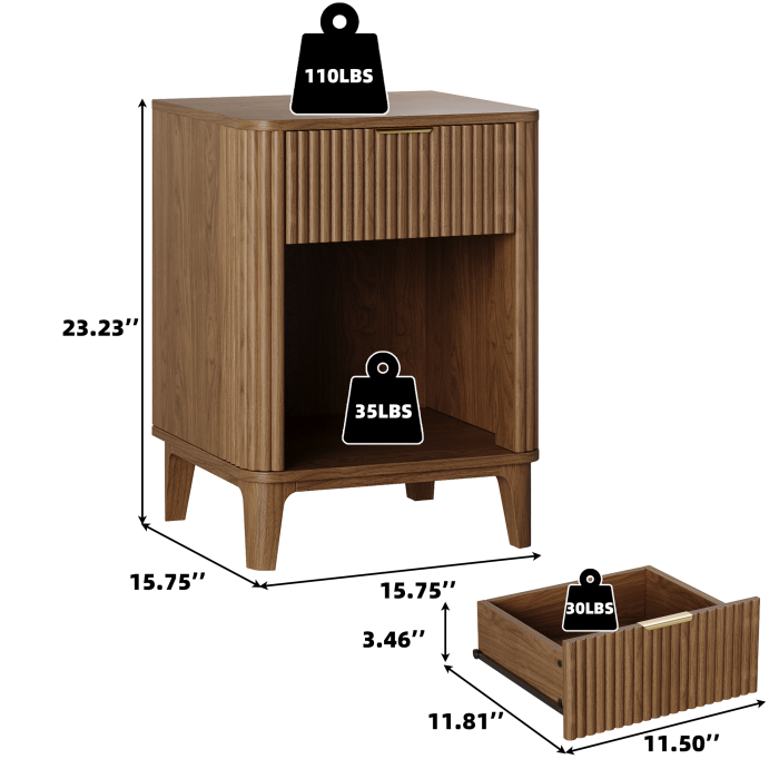 UGTOO 15.75In Modern Nightstands Set of 2 with Fluted Drawer
