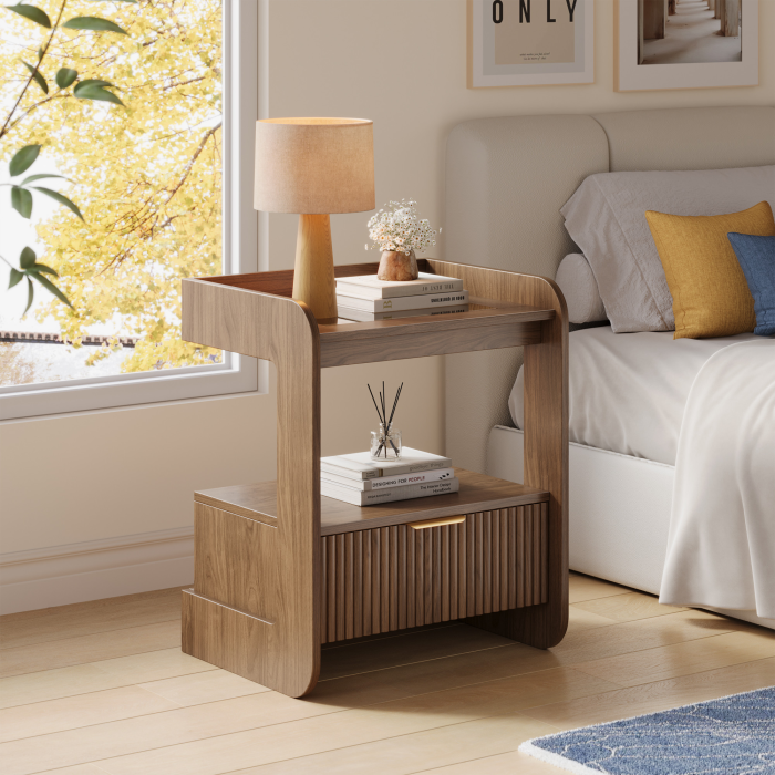 UGTOO 17.7In Modern C-Shaped Nightstand | Fluted End Table with Drawer