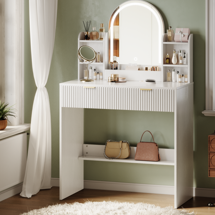 UGTOO 30.3In Compact Vanity Desk with Lighted Mirror | Small Makeup Table