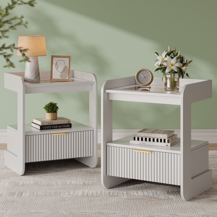 UGTOO 17.7In Modern C-Shaped Nightstand | Fluted End Table with Drawer