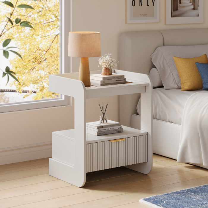 UGTOO 17.7In Modern C-Shaped Nightstand | Fluted End Table with Drawer