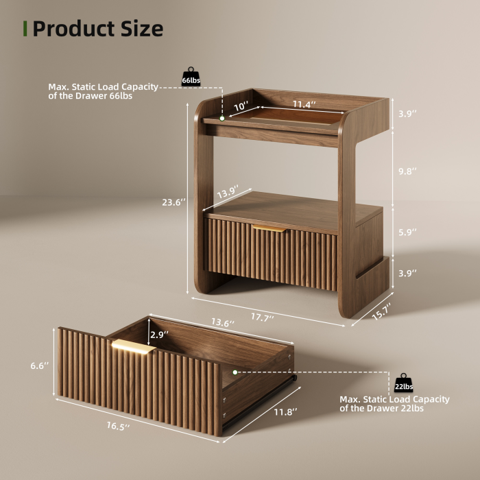 UGTOO 17.7In Modern C-Shaped Nightstand | Fluted End Table with Drawer