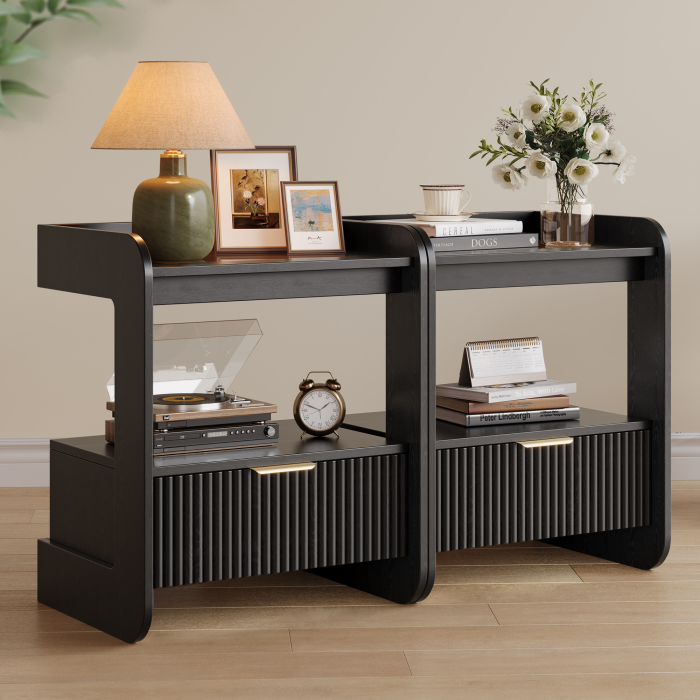 UGTOO 17.7In Modern C-Shaped Nightstand | Fluted End Table with Drawer