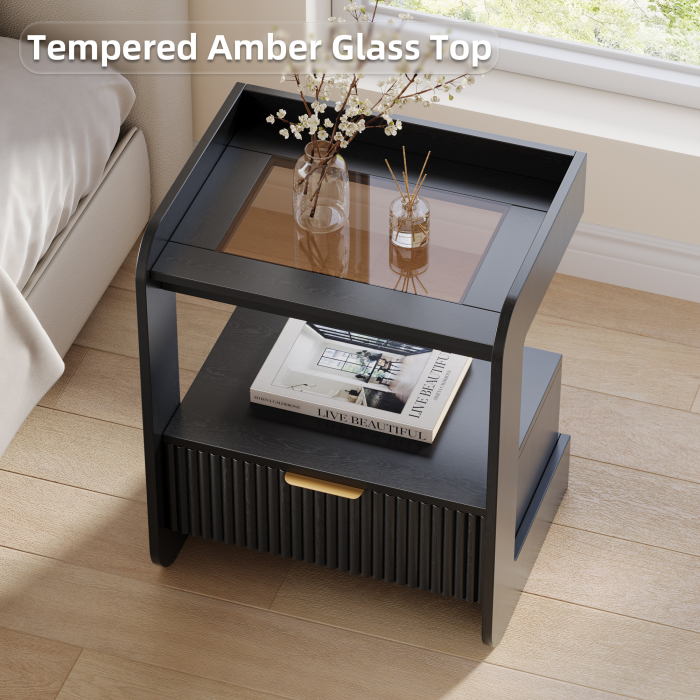 UGTOO 17.7In Modern C-Shaped Nightstand | Fluted End Table with Drawer
