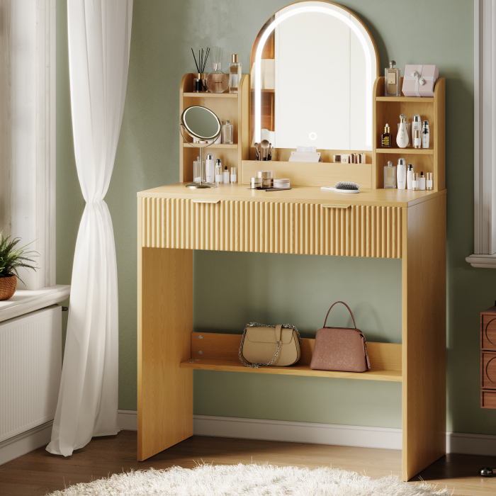 UGTOO 30.3In Compact Vanity Desk with Lighted Mirror | Small Makeup Table