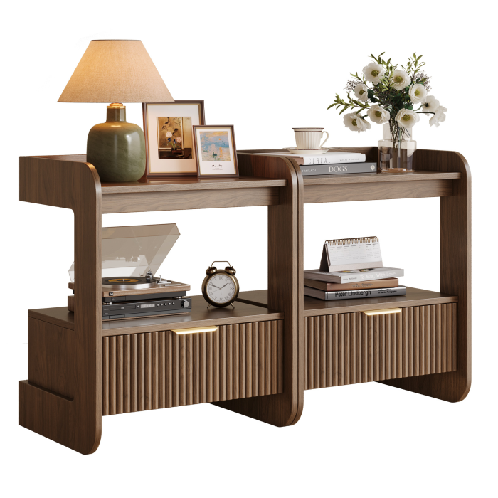 UGTOO 17.7In Modern C-Shaped Nightstand | Fluted End Table with Drawer