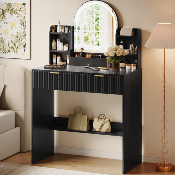 UGTOO 30.3In Compact Vanity Desk with Lighted Mirror | Small Makeup Table