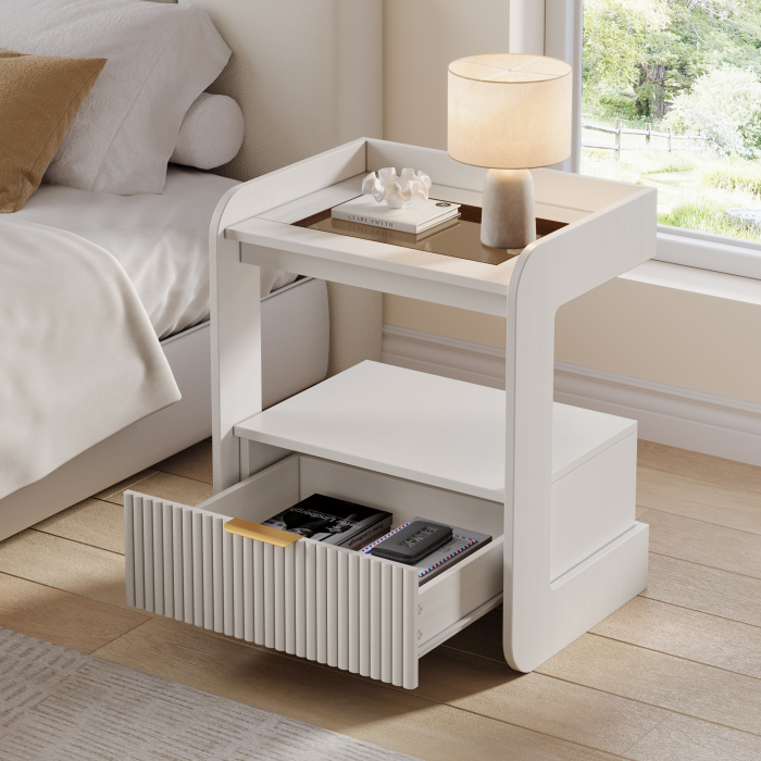 UGTOO 17.7In Modern C-Shaped Nightstand | Fluted End Table with Drawer
