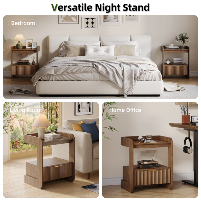 UGTOO 17.7In Modern C-Shaped Nightstand | Fluted End Table with Drawer