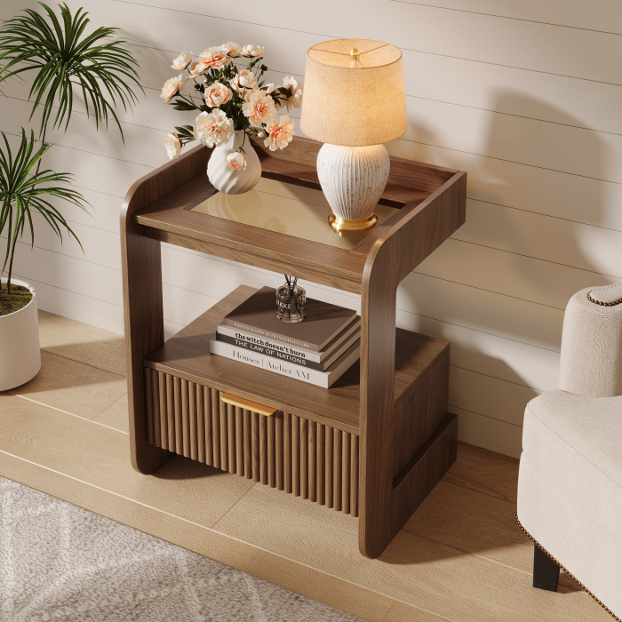 UGTOO 17.7In Modern C-Shaped Nightstand | Fluted End Table with Drawer