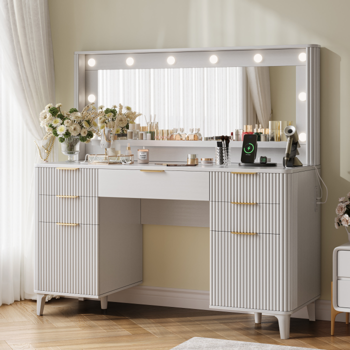 UGTOO 48.8In Mid-Century Walnut Vanity Desk with Lighted Mirror & 5 Storage Drawers