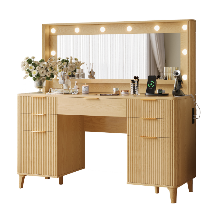 UGTOO 45Inch Fluted Wood Vanity with LED Mirror & Charging Station