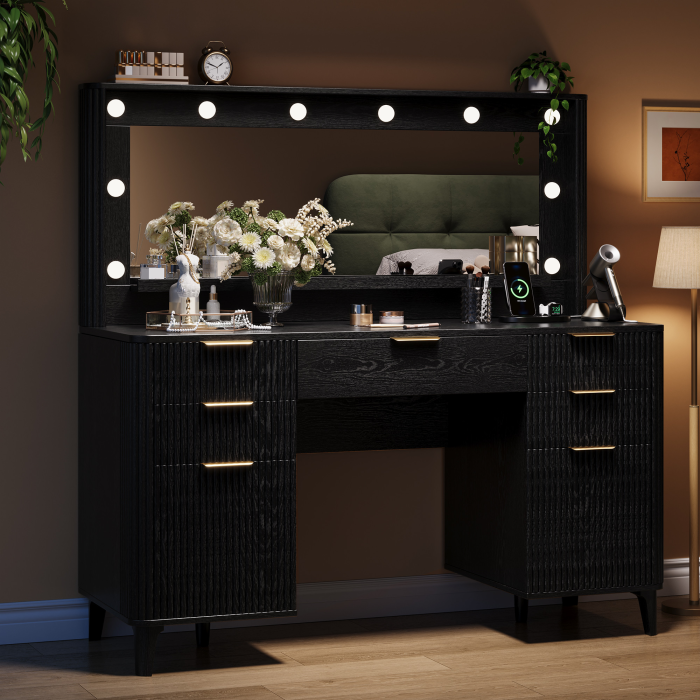 UGTOO 48.8In Mid-Century Walnut Vanity Desk with Lighted Mirror & 5 Storage Drawers