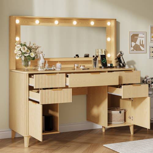 UGTOO 45Inch Fluted Wood Vanity with LED Mirror & Charging Station