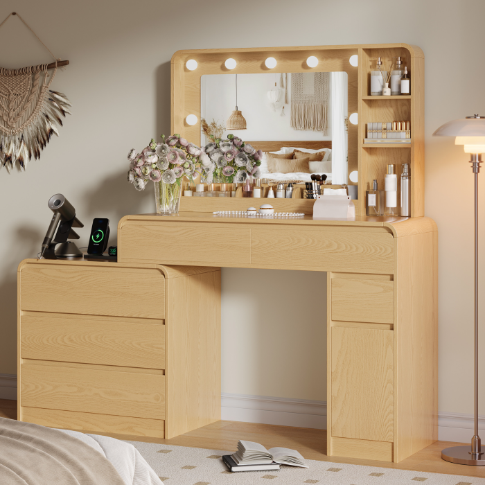 UGTOO Modern Extendable Makeup Vanity Desk with LED Lighted Mirror & Charging Station