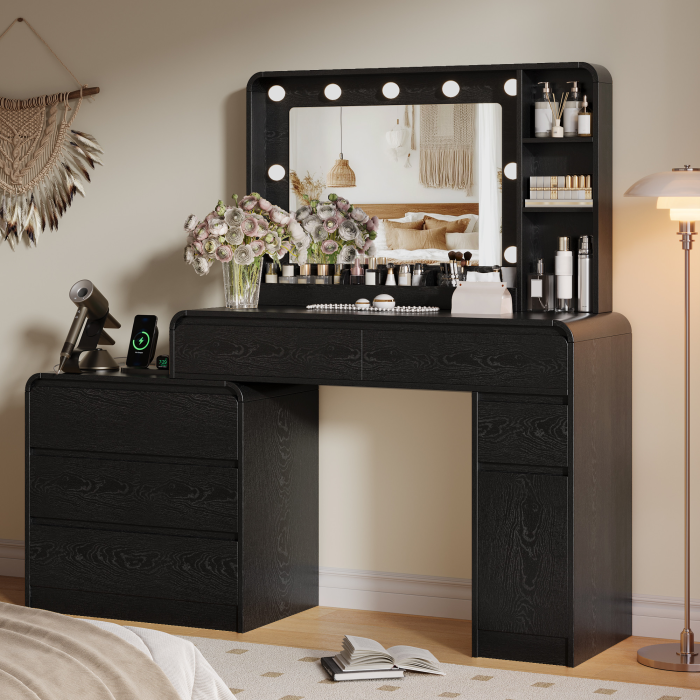 UGTOO Modern Extendable Makeup Vanity Desk with LED Lighted Mirror & Charging Station