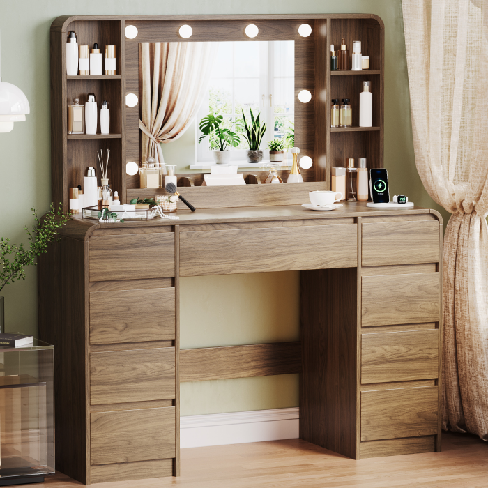 UGTOO 44.88In Large Makeup Vanity Desk with 9 Drawers Lighted Mirror & Charging Station