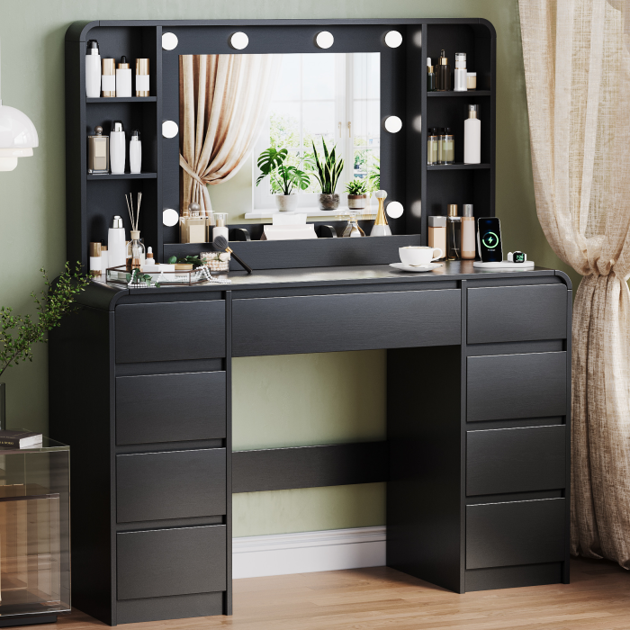UGTOO 44.88In Large Makeup Vanity Desk with 9 Drawers Lighted Mirror & Charging Station