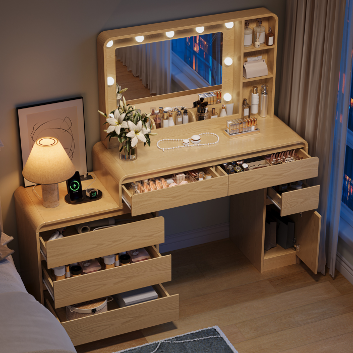 UGTOO Modern Extendable Makeup Vanity Desk with LED Lighted Mirror & Charging Station