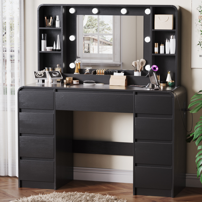 UGTOO 44.88In Large Makeup Vanity Desk with 9 Drawers Lighted Mirror & Charging Station
