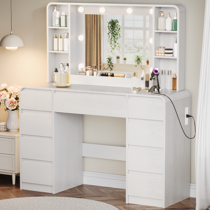 UGTOO 44.88In Large Makeup Vanity Desk with 9 Drawers Lighted Mirror & Charging Station
