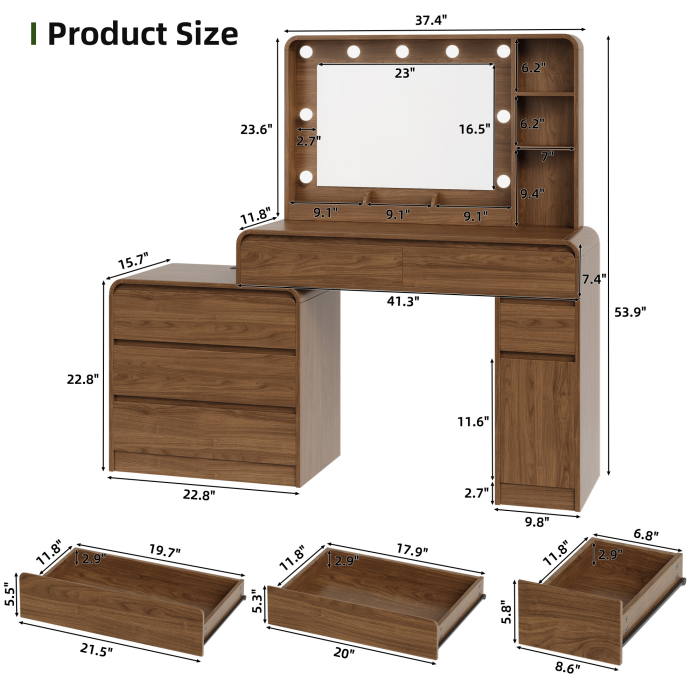 UGTOO Modern Extendable Makeup Vanity Desk with LED Lighted Mirror & Charging Station
