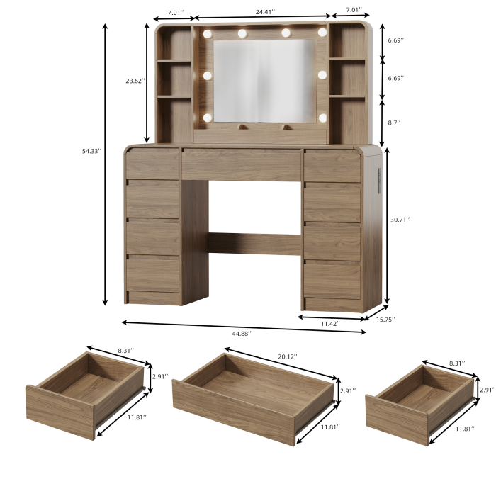 UGTOO 44.88In Large Makeup Vanity Desk with 9 Drawers Lighted Mirror & Charging Station