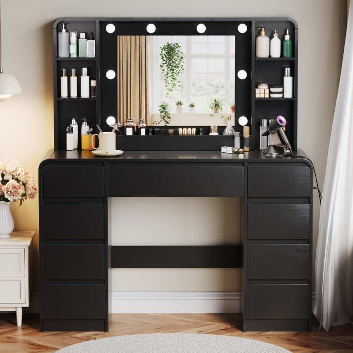 UGTOO 44.88In Large Makeup Vanity Desk with 9 Drawers Lighted Mirror & Charging Station