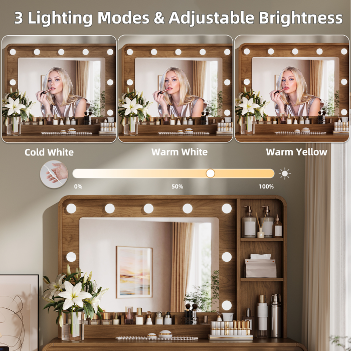 UGTOO Modern Extendable Makeup Vanity Desk with LED Lighted Mirror & Charging Station