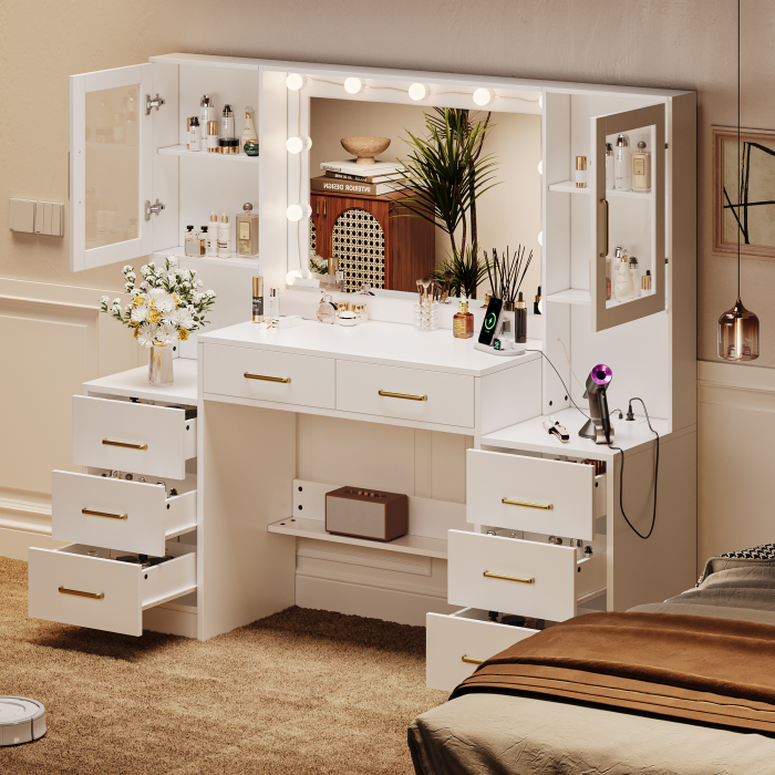 UGTOO 58.27  Large Makeup Vanity Desk with Glass Cabinets & Lighted Mirror