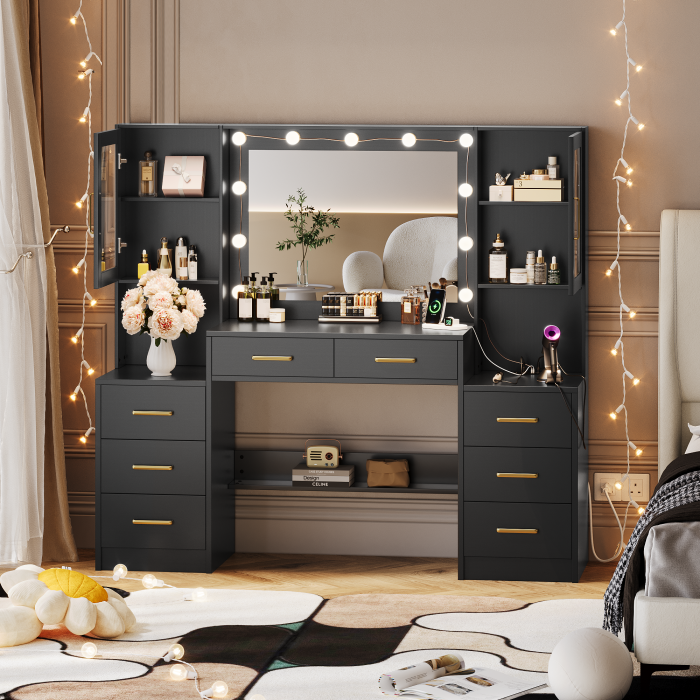 UGTOO 58.27  Large Makeup Vanity Desk with Glass Cabinets & Lighted Mirror