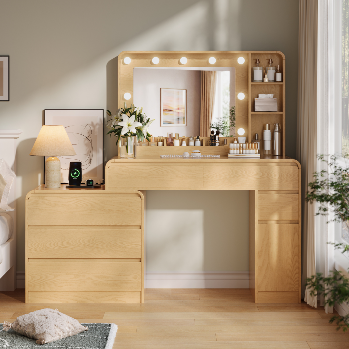 UGTOO Modern Extendable Makeup Vanity Desk with LED Lighted Mirror & Charging Station
