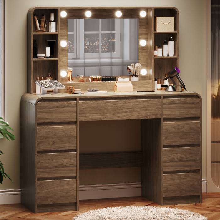 UGTOO 44.88In Large Makeup Vanity Desk with 9 Drawers Lighted Mirror & Charging Station