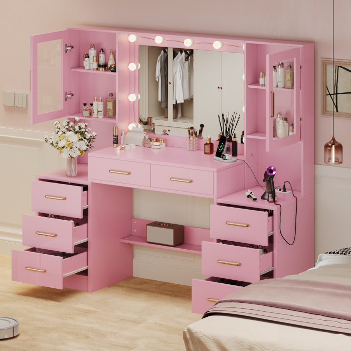 UGTOO 58.27  Large Makeup Vanity Desk with Glass Cabinets & Lighted Mirror