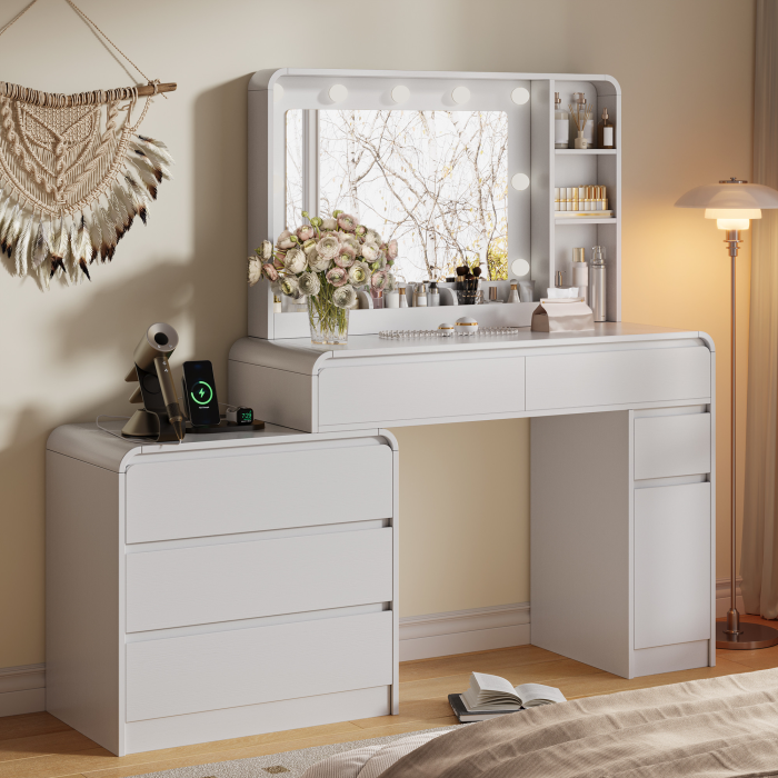UGTOO Modern Extendable Makeup Vanity Desk with LED Lighted Mirror & Charging Station