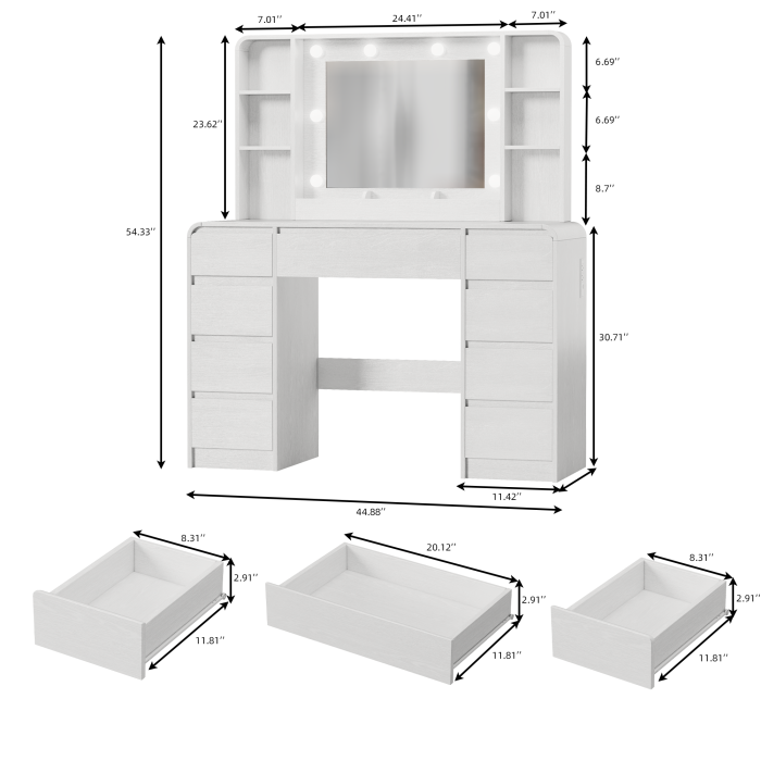 UGTOO 44.88In Large Makeup Vanity Desk with 9 Drawers Lighted Mirror & Charging Station