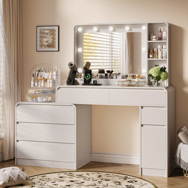 UGTOO Modern Extendable Makeup Vanity Desk with LED Lighted Mirror & Charging Station