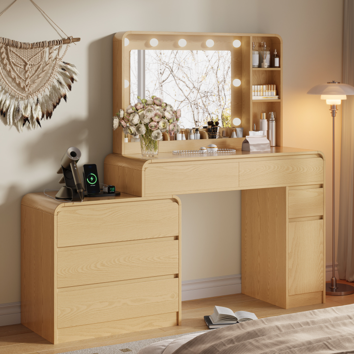 UGTOO Modern Extendable Makeup Vanity Desk with LED Lighted Mirror & Charging Station