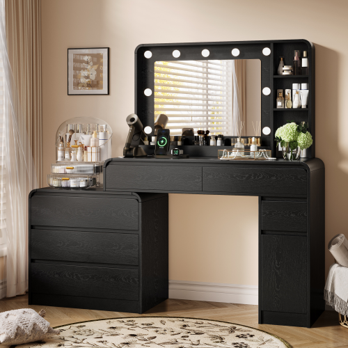UGTOO Modern Extendable Makeup Vanity Desk with LED Lighted Mirror & Charging Station