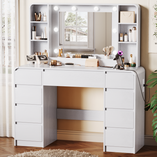 UGTOO 44.88In Large Makeup Vanity Desk with 9 Drawers Lighted Mirror & Charging Station