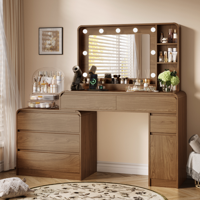 UGTOO Modern Extendable Makeup Vanity Desk with LED Lighted Mirror & Charging Station