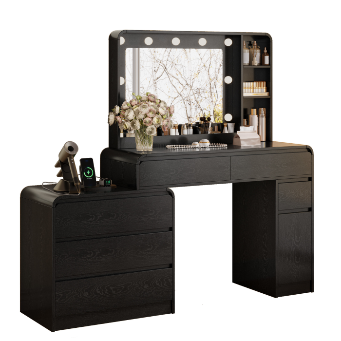 UGTOO 59 Inch White Vanity Table 8 Drawers with Charging Station