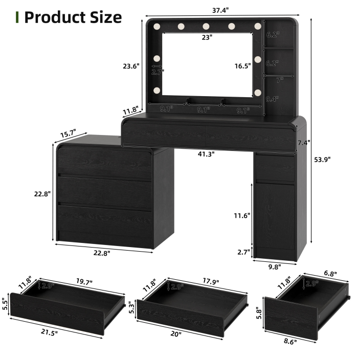 UGTOO 59 Inch White Vanity Table 8 Drawers with Charging Station
