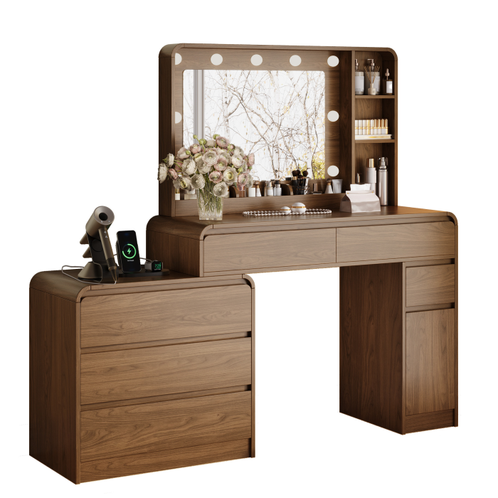 UGTOO 59 Inch White Vanity Table 8 Drawers with Charging Station
