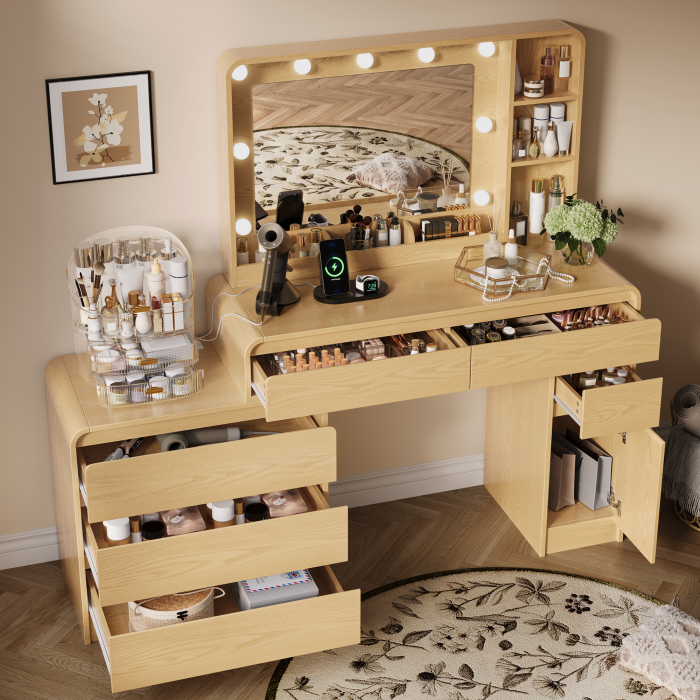 UGTOO 59 Inch White Vanity Table 8 Drawers with Charging Station