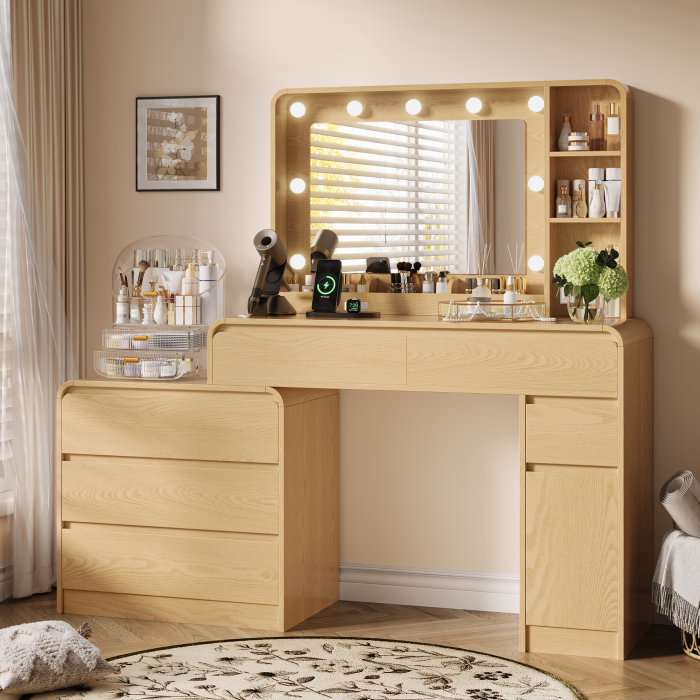 UGTOO 59 Inch White Vanity Table 8 Drawers with Charging Station